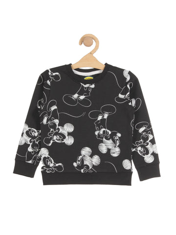 Mickey Mouse Print Round Neck Sweatshirt - Black
