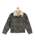 Camouflage Print Fleece Lined Front Button Denim Jacket - Green