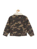 Camouflage Print Fleece Lined Front Button Denim Jacket - Green
