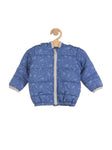 Printed Front Open Polyfil Hooded Jacket - Blue