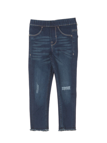 Elastic Waist Mild Distressed Slim Fit Jegging Jeans - Navy Blue