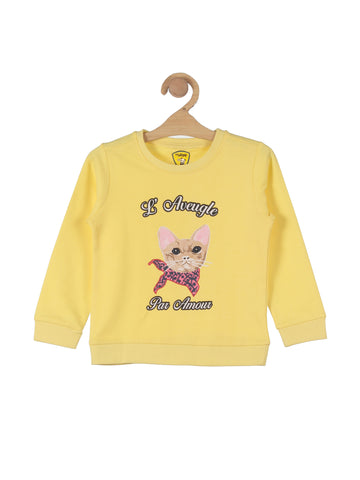 Cat Print Round Neck Sweatshirt - Yellow
