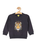 Tiger Print Round Neck Sweatshirt - Navy Blue