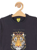 Tiger Print Round Neck Sweatshirt - Navy Blue