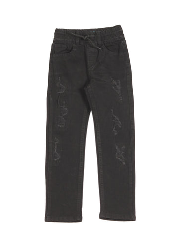 Elastic Waist High Distressed Straight Fit Jeans - Black