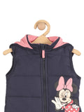 Minnie Mouse Print Front Open Sleeveless Hooded Jacket - Navy Blue