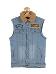 Fleece Lined Front Button Sleeveless Denim Jacket - Blue