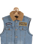 Fleece Lined Front Button Sleeveless Denim Jacket - Blue