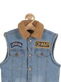 Fleece Lined Front Button Sleeveless Denim Jacket - Blue