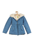 Front Open Zipper Fur Lined Hooded Jacket - Blue