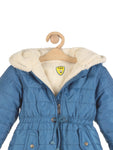 Front Open Zipper Fur Lined Hooded Jacket - Blue