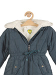 Front Open Zipper Fur Lined Hooded Jacket - Navy Blue