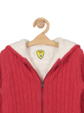 Front Open Hooded Fur Lined Sweater - Red