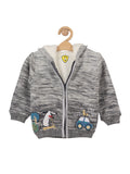 Car Print Front Open Hooded Furr Sweater - Grey