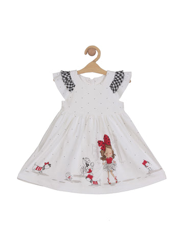 Premium Hosiery Cotton Red Doll Print Frock - White