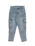 Mild Distressed Elastic Waist 6 Pocket Cargo Fit Jeans - Blue