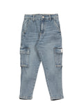 Mild Distressed Elastic Waist 6 Pocket Cargo Fit Jeans - Blue
