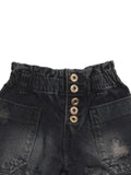 High Distressed Denim Shorts - Black