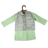 Green Linen Kurta Pyjama With Khadi Waist Coat - Lil Lollipop