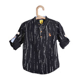 Chinese Collar Black With White Print Full Sleeve Shirt With Roll Up Option - Lil Lollipop