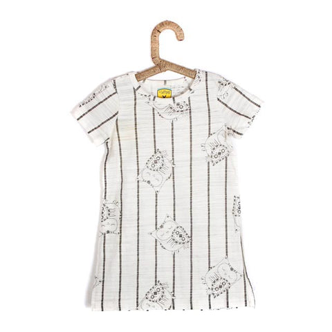 Girls White Melange Long Top With Owl Print