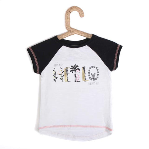 Girls Red White Melange Top With Black Sleeve