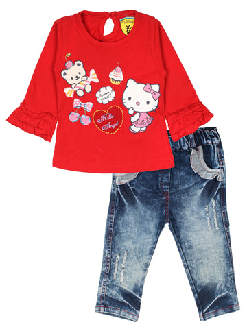 Red Round Neck Full Sleeve Frill Top With Denim