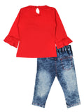 Red Round Neck Full Sleeve Frill Top With Denim