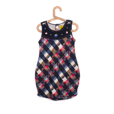 Girls Navy Blue Check Printed Frock