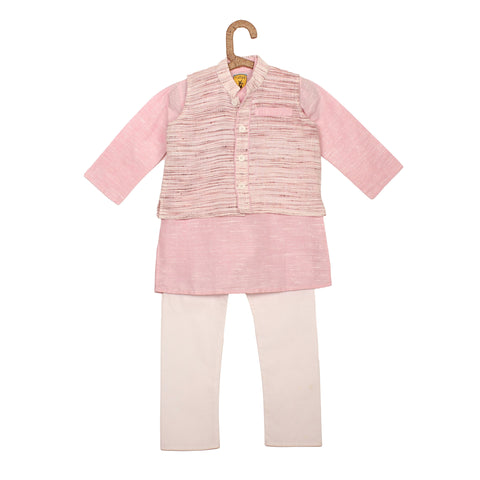 Pink Linen Kurta Pajama With Khadi Waist Coat