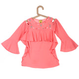 Girls Pink Round Neck Top With Bell Sleeves & Frill
