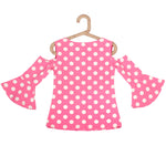 Pink Polka Dot Round Neck Top With Bell Sleeves