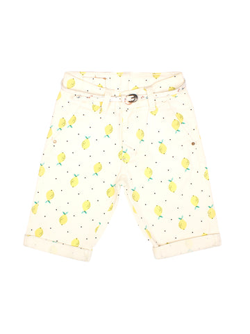 Cream Lemon Print Cotton Shorts