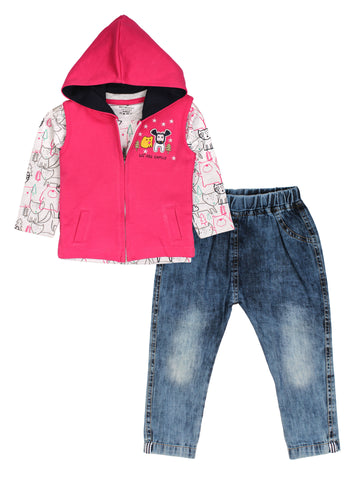 Pink Hooded Sleeveless Jacket With Printed T-Shirt & Blue Jeans