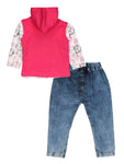 Pink Hooded Sleeveless Jacket With Printed T-Shirt & Blue Jeans