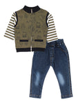Green Sleeveless Jacket With White Striped T-Shirt & Blue Jeans