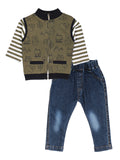 Green Sleeveless Jacket With White Striped T-Shirt & Blue Jeans