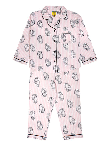 Full Sleeve Cat Print Striped Pink Night Suit